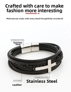Detail view of multi-layer braided leather bracelet with stainless steel cross charm and clasp