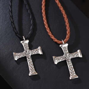 Punk style cross heart bolo tie necklace with black and brown leather cords