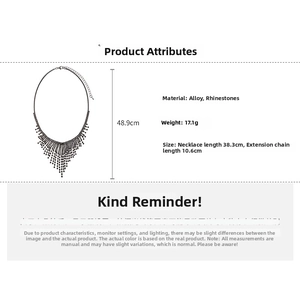 Size diagram showing dimensions of black rhinestone tassel necklace for women