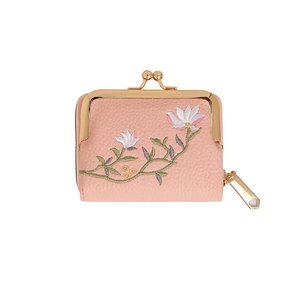 Pink litchi grain PU leather mini bag with floral embroidery and metal clasp