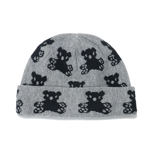 Winter cuffed beanie hat with cartoon bear pattern in grey knit for women's warmth