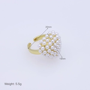 Detailed view of gold open ring with pearls showing dimensions 20mm by 19mm and weight 5.5g
