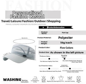 Flat top mesh cap specifications showing breathable polyester fabric and size details