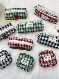Kawaii Gingham Checkered Canvas Makeup Bag Pencil Case Crochet Cherry Pendant Lace Trim Zipper Organizer Pouch