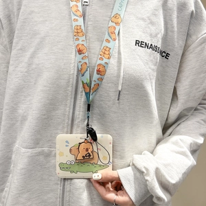 Cute blue Capybara ID card holder set with printed lanyard and horizontal card sleeve