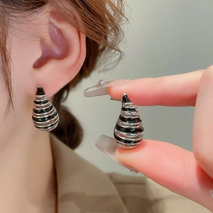 Fashionable silver teardrop stud earrings with black enamel stripes and gold plating for women