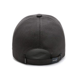 Rear view of a dark grey structured baseball cap with narason adjustable strap