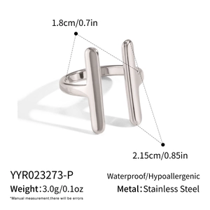 Detailed view of silver stainless steel double-bar open ring with dimensions and features