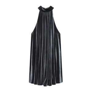 Vestito Mini In Velluto Con Scollo All'americana Arricciato Senza Maniche Slim Fit Elegante Abito Da Sera Per Donna