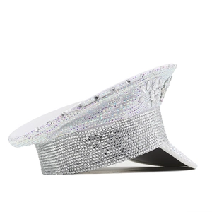 Silver military-style flat cap with sparkling rhinestones and crystal flower for parties