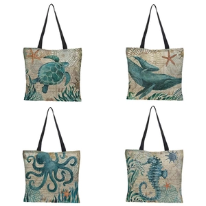 Sea Turtle Marine Life Print Tote Bag Linen Cotton Blend Large Capacity Waterproof Shopping Handbag Vintage Artistic Style