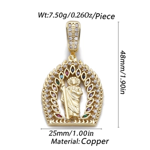 Detailed view of 14K gold plated Virgin Mary pendant with dimensions and weight specs