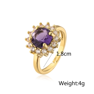 Macro detail of 18K gold plated ring featuring a purple zircon flower and dimensions