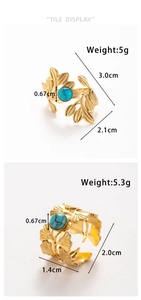 Detail view of gold leaf rings with turquoise stones and precise size specifications