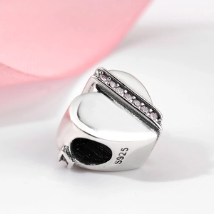 S925 sterling silver heart charm with pink zircon stones for DIY charm bracelets