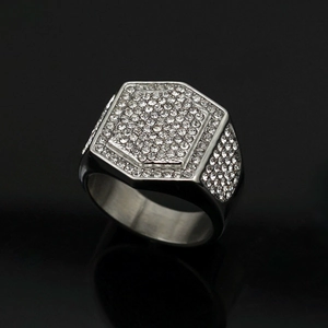 Luxurious 18k gold plated hexagon signet ring for men with full iced out crystal pavé
