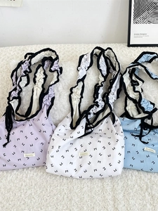 Women Bowknot Print Shoulder Bag Ruffle Strap Large Capacity Tote Polyester Sweet Casual Handbag