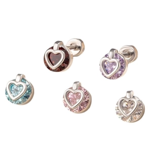 Set of 5 heart-shaped stud earrings with colorful cubic zirconia and silver metal backing