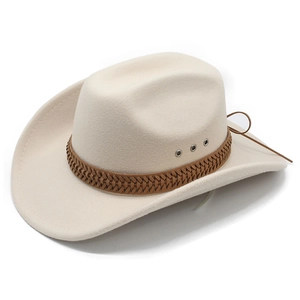 Retro cream white wool felt western cowboy hat with brown braided band and metal eyelets