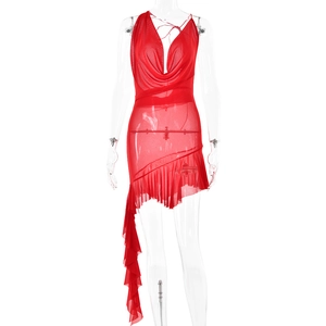 Sexy red cowl neck mesh dress with asymmetrical ruffles and slimming silhouette for women