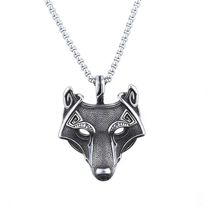 Viking wolf head pendant necklace in stainless steel with antique silver finish and chain
