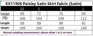 Size chart for paisley satin wrap skirt showing waist and hip measurements in cm