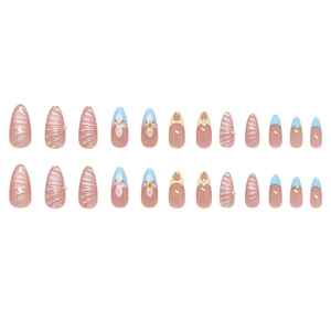 Blue shell textured almond press-on nails with 3D pearls and daisy floral designs