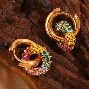 Stainless Steel Rainbow Rhinestone Hoop Earrings For Women Gold Plated Geometric Colorful Inlaid Jewelry Accessory