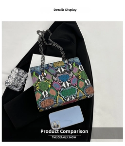 Detailed top view of a colorful faux snakeskin square tote bag with dual metal chain handles