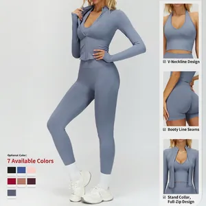 Ensemble de fitness sans couture trois pièces avec legging et soutien-gorge bleu gris