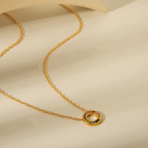 18K gold plated stainless steel necklace with round pendant and colorful zircons