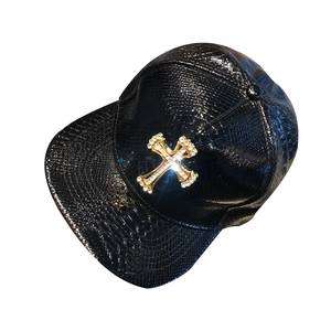 Black laser PU crocodile embossed snapback hat with rhinestone cross in front view