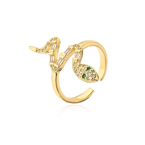 Adjustable 18K gold-plated snake ring with pavé cubic zirconia and green gem eyes