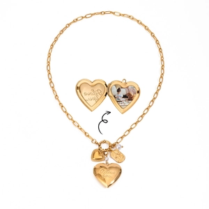 Golden stainless steel locket necklace with heart pendant, photo insert and pearl charms