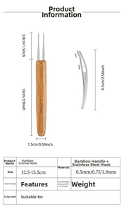 Bamboo handle dreadlock crochet hook tool with 0.75mm size engraving and steel needle
