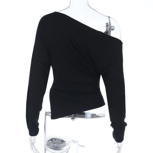 Detailed back view of a slim-fit black long-sleeve knit top with an off-shoulder design