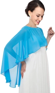 Side view of elegant sky blue chiffon cape shawl paired with formal white evening dress