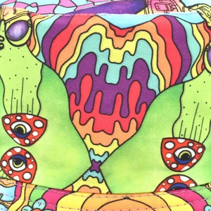 Detail of psychedelic mushroom print on twill fabric for this summer outdoor sun hat