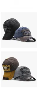 Detail of four vintage distressed baseball caps showing embroidery and stitched brims