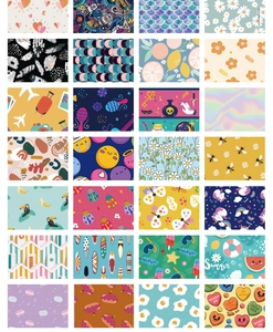 Collection of 32 colorful patterned pet waste bag dispensers with vibrant cartoon designs