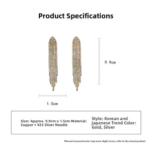 Detailed view of rhinestone tassel earrings measuring 9.9cm in length with S925 silver posts