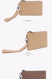 Front and side views of durable khaki and dark brown canvas zip purses with wrist straps
