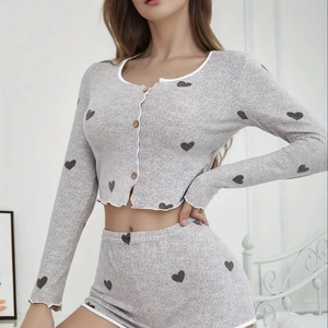 Women Long Sleeve Pajama Top And Shorts Heart Print Ruffle Lettuce Edge Polyester Elastane Sweet Loungewear