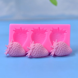 Pink 3-cavity strawberry silicone mold for DIY cake baking and realistic crafts