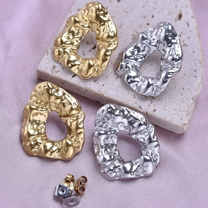 Textured 18k gold and silver stainless steel irregular hammered earrings for women