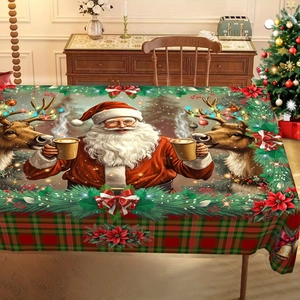 Detailed Christmas table cloth with festive Santa, reindeer, and holly berry digital print