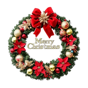 Ghirlanda natalizia con fiocco rosso, palline dorate e scritta Merry Christmas su bianco
