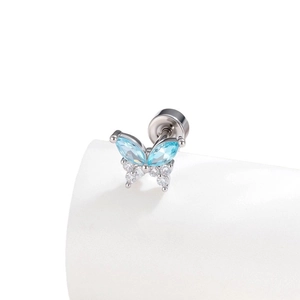 Silver butterfly cartilage earring with blue marquise zircon and flat back stud