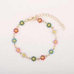 Colorful daisy bracelet with gold alloy chain and adjustable lobster clasp on white background