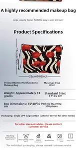 Macro view of rose pattern cosmetic bag with dimensions 17x25cm and linen material detail